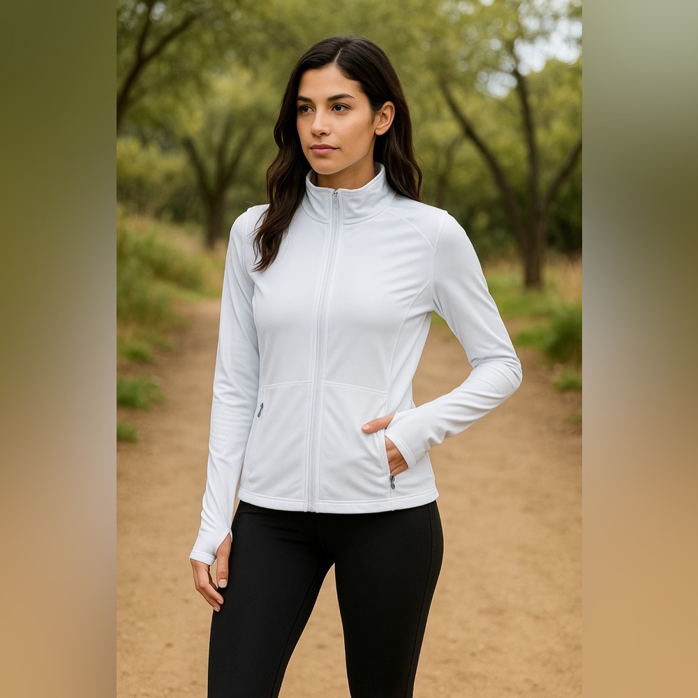 Running Jacket Slim Fit Zip Up Athletic Jacket with Thumb Holes White Size Small